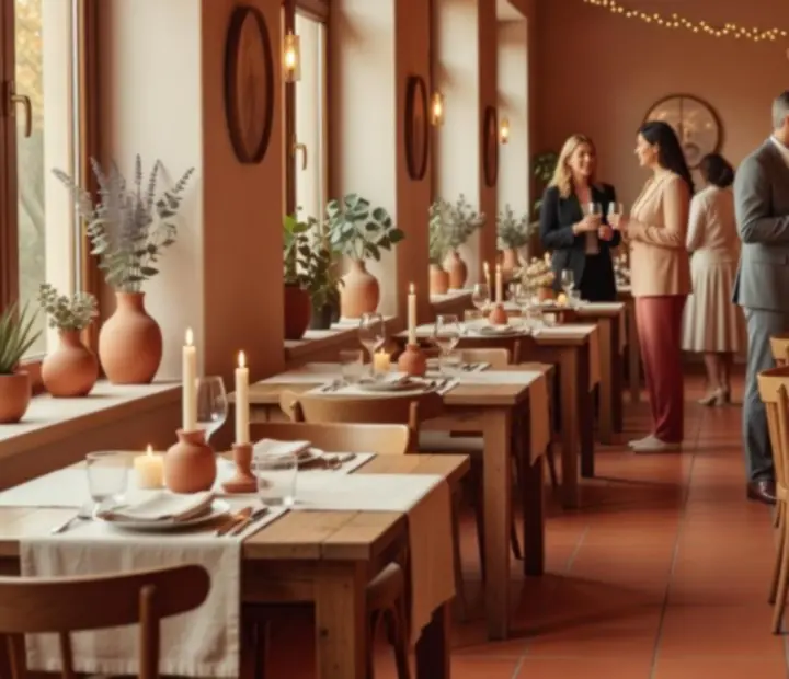 Wnętrze restauracji Wonderstar s. r. o. w ciągu dnia i wieczorem, w ciepłej, eleganckiej aranżacji