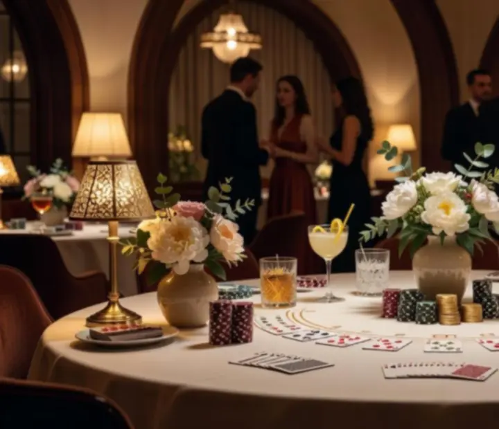 Elegancki stół blackjack w restauracji Wonderstar s. r. o. z kartami i koktajlami