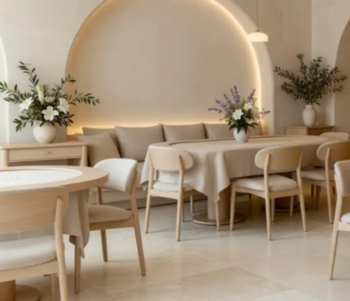 Wnętrze restauracji Wonderstar s. r. o. z pokerowym stołem, kremowym kamieniem, lnem i drewnem w ciepłym świetle