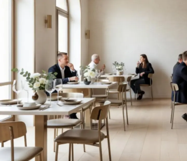 Eleganckie wnętrze restauracji Wonderstar s. r. o. z nakrytymi stołami i subtelnym oświetleniem