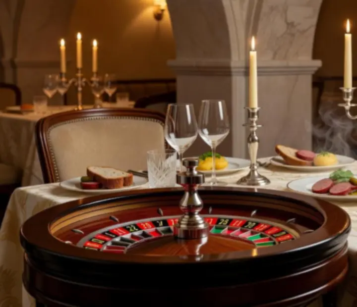 Elegancki stół w restauracji Wonderstar s. r. o. przygotowany na wieczór ruletki z wykwintnymi daniami i koktajlami