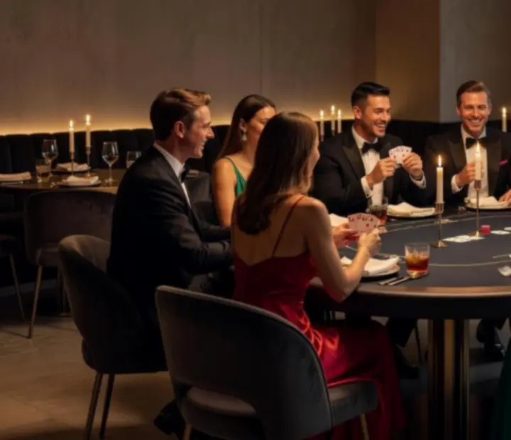 Stół pokerowy w restauracji Wonderstar s. r. o. przygotowany do rekreacyjnej rozgrywki podczas kolacji
