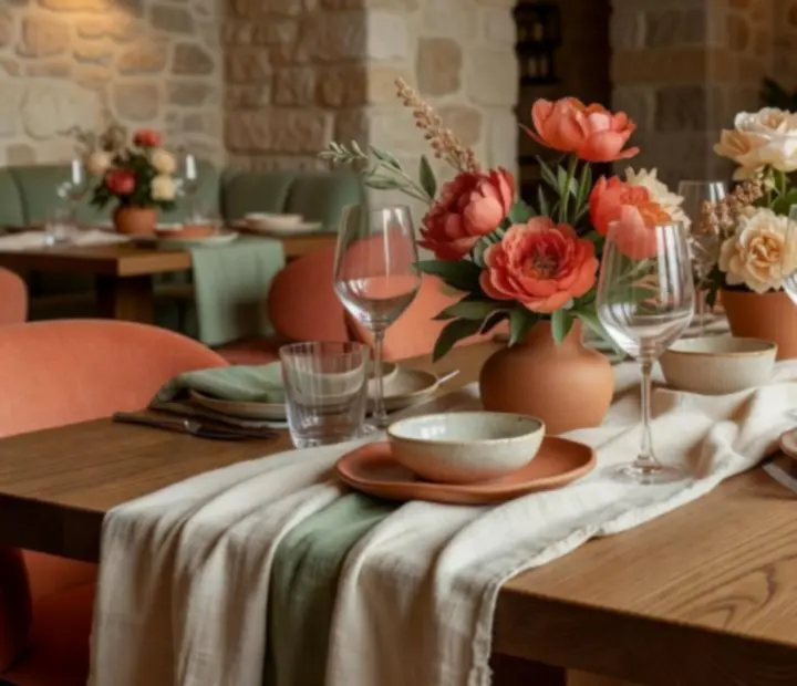 Jasne, eleganckie wnętrze sali restauracyjnej z kremowymi ścianami i drewnianymi detalami