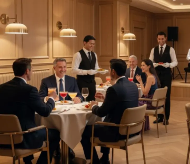 Restauracja Wonderstar s. r. o. w wieczornej aranżacji z przyciemnionym światłem i przygotowaną salą