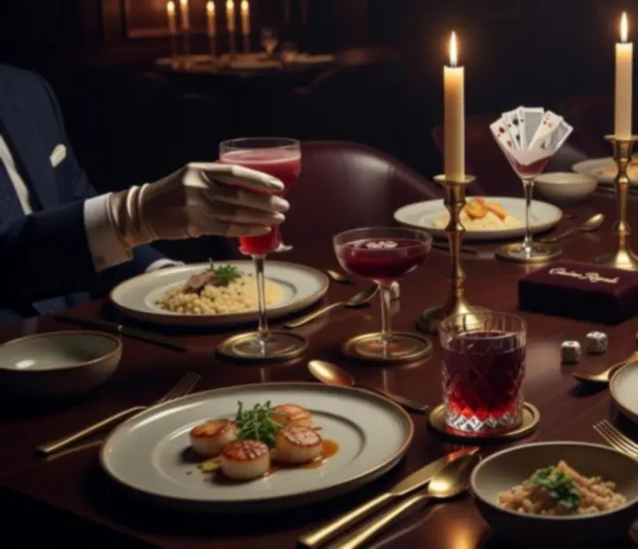 Stół w restauracji Wonderstar s. r. o. przygotowany na wieczór tematyczny, z eleganckimi daniami i kartami do gry jako dekoracją.
